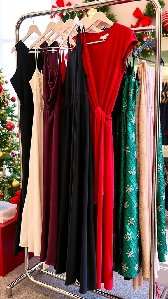 A stylish display of various Christmas party dresses in festive colors and styles.